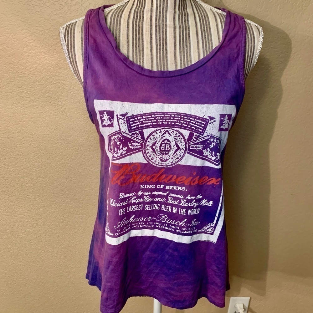 Budweiser Tank Top Small Oversized Purple Tie-dye Graphic Tee White Print Retro